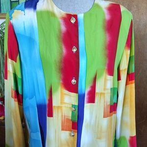 Vintage 80's Brenda Goode Women's Color Block Button Up Blouse Shoulder Pads L